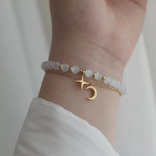 Cat Eye Perlenarmband + Armkettchen mit Mond und Stern