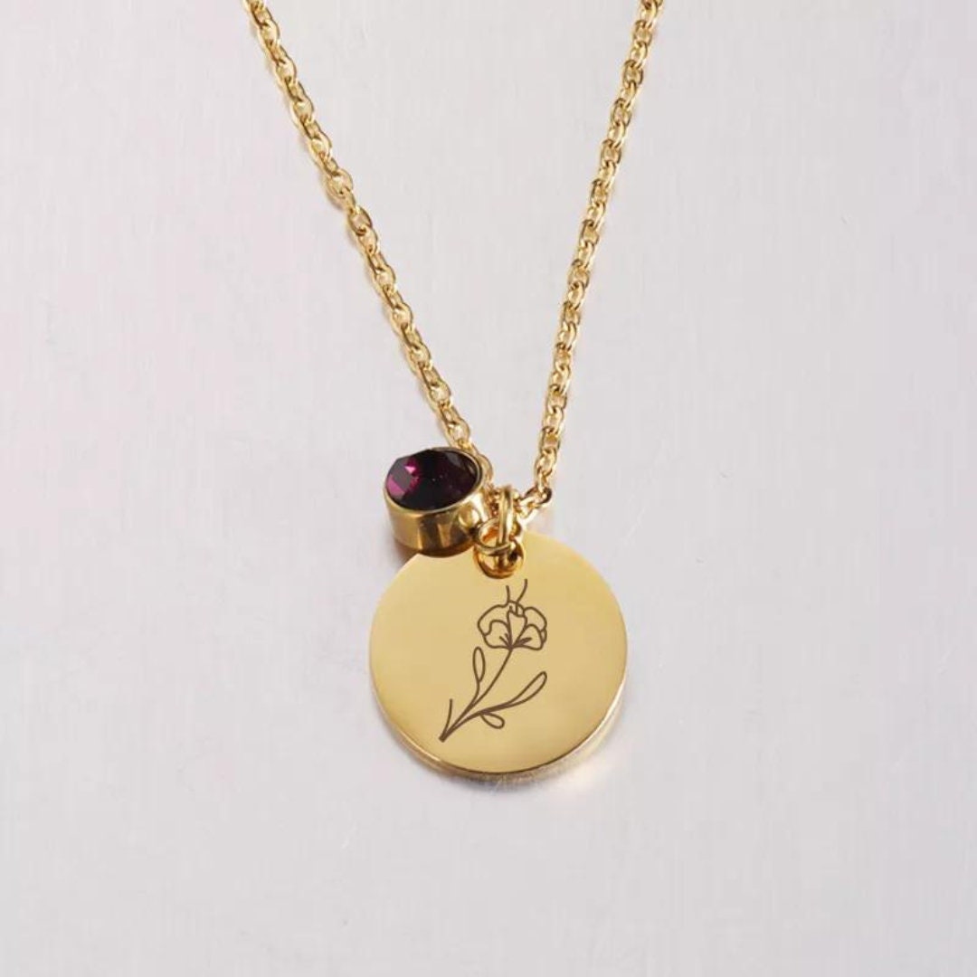 Geburtsblumen Kette Birthflower mit Geburtsstein | personalisierte Gravur