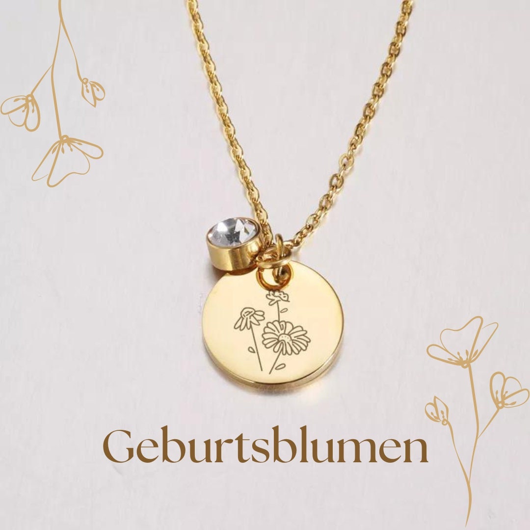 Geburtsblumen Kette Birthflower mit Geburtsstein | personalisierte Gravur