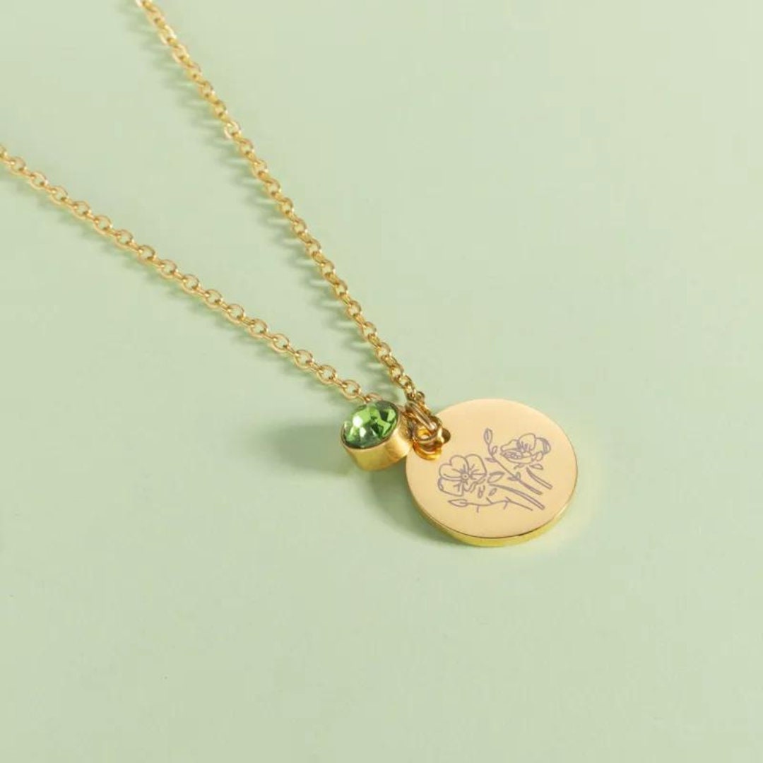 Geburtsblumen Kette Birthflower mit Geburtsstein | personalisierte Gravur