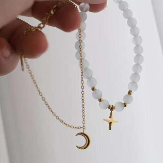 Cat Eye Perlenarmband + Armkettchen mit Mond und Stern